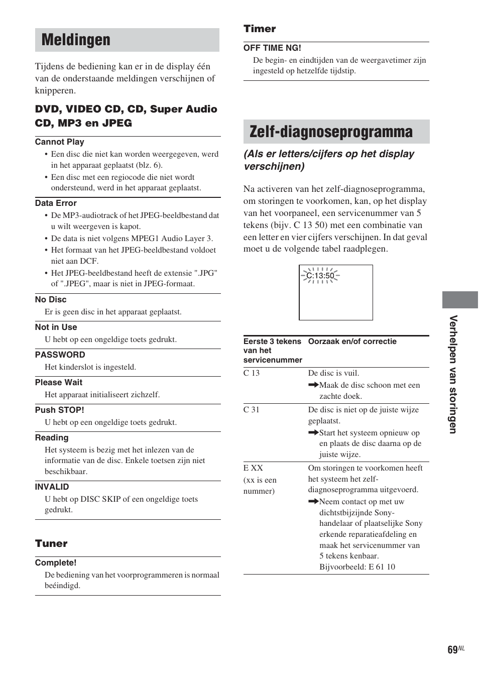 Meldingen, Zelf-diagnoseprogramma, Als er letters/cijfers op het display verschijnen) | Meldingen zelf-diagnoseprogramma | Sony CMT-WS2D User Manual | Page 151 / 244