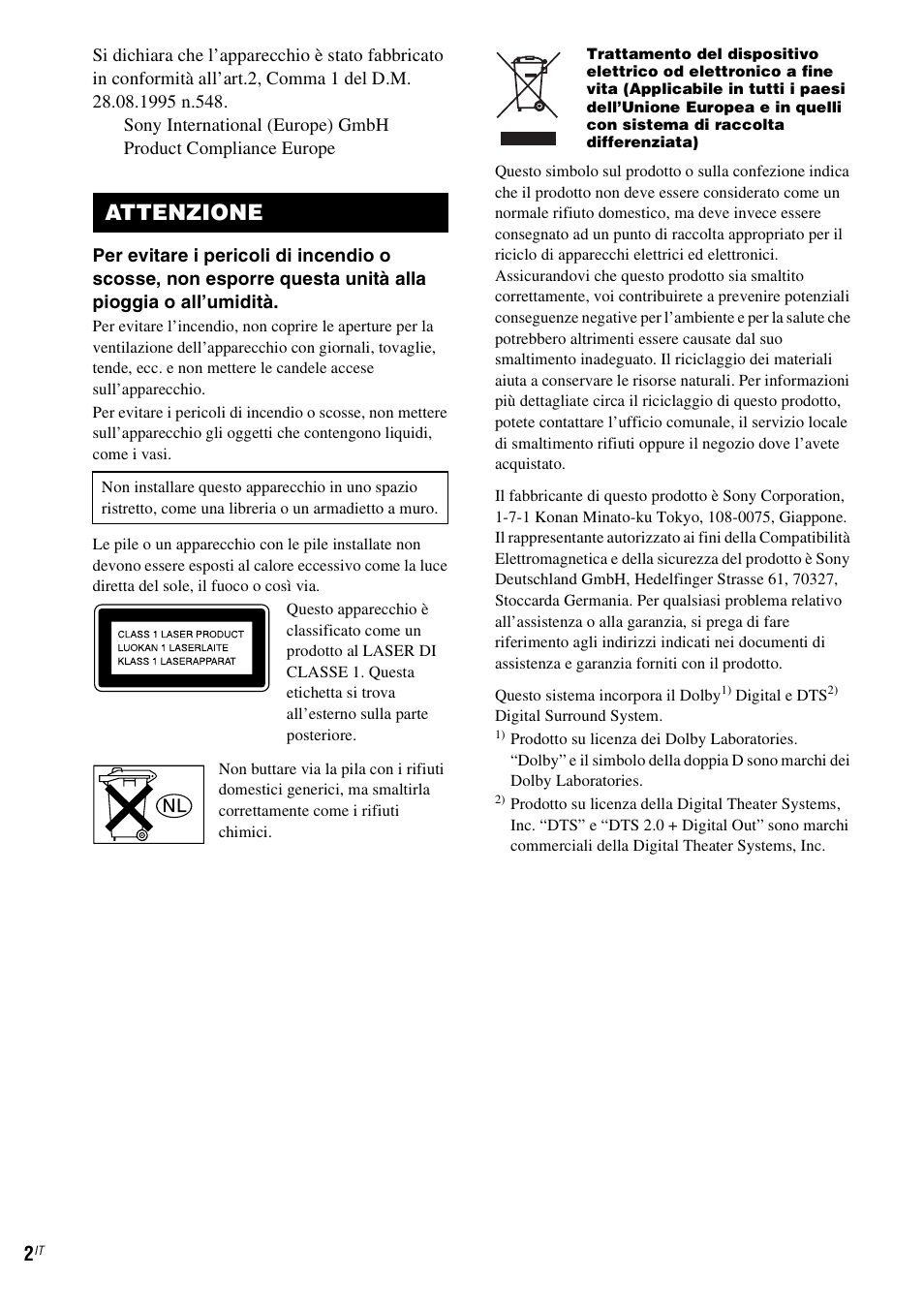 Attenzione | Sony CMT-WS2D User Manual | Page 166 / 244