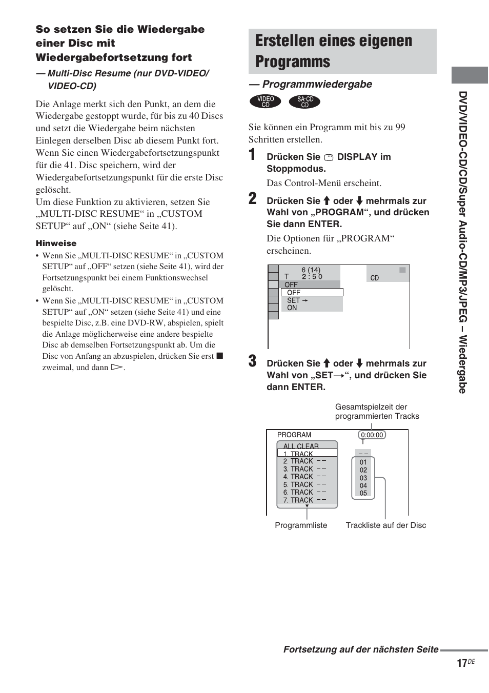 Erstellen eines eigenen programms, Programmwiedergabe | Sony CMT-WS2D User Manual | Page 17 / 244