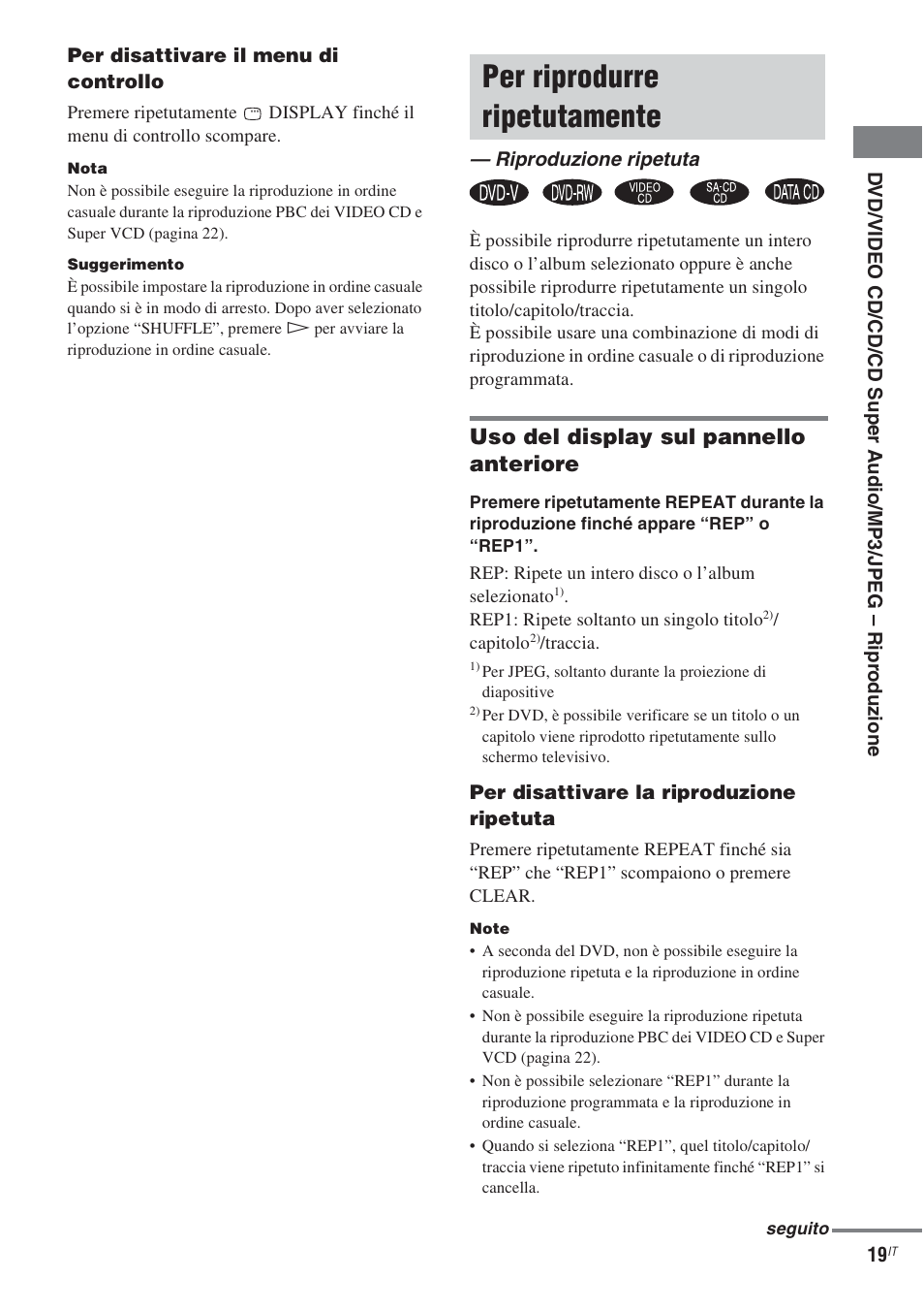 Per riprodurre ripetutamente, Riproduzione ripetuta, Uso del display sul pannello anteriore | Sony CMT-WS2D User Manual | Page 183 / 244