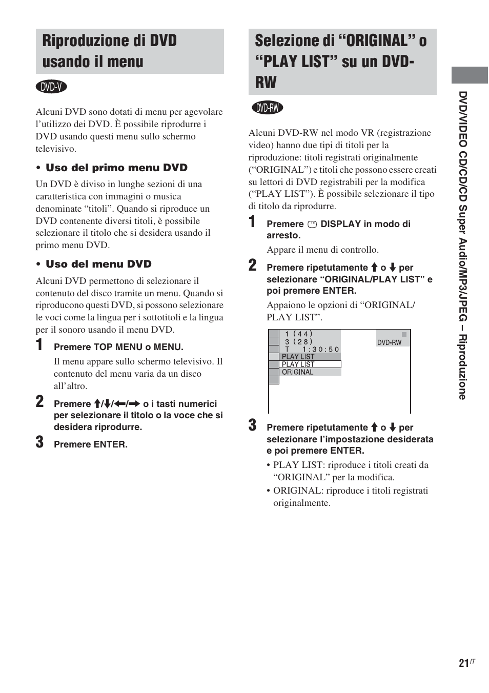 Riproduzione di dvd usando il menu, Riproduzione di dvd usando il, Menu | Selezione di “original” o “play, List” su un dvd-rw | Sony CMT-WS2D User Manual | Page 185 / 244