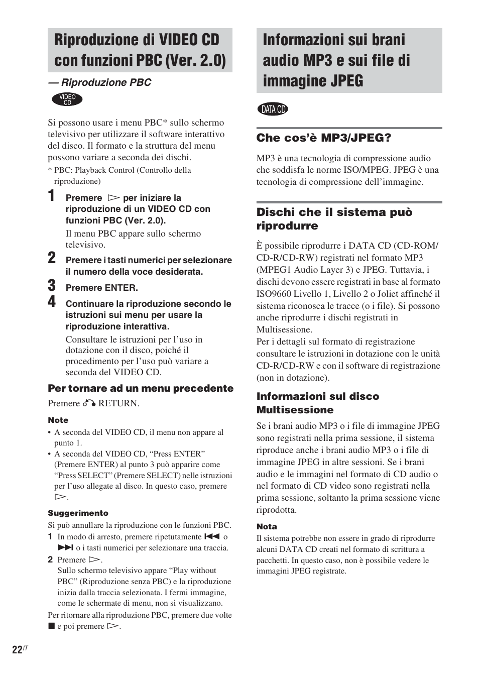 Riproduzione pbc, Riproduzione di video cd con funzioni, Pbc (ver. 2.0) — riproduzione pbc | Informazioni sui brani audio mp3 e sui file, Di immagine jpeg | Sony CMT-WS2D User Manual | Page 186 / 244