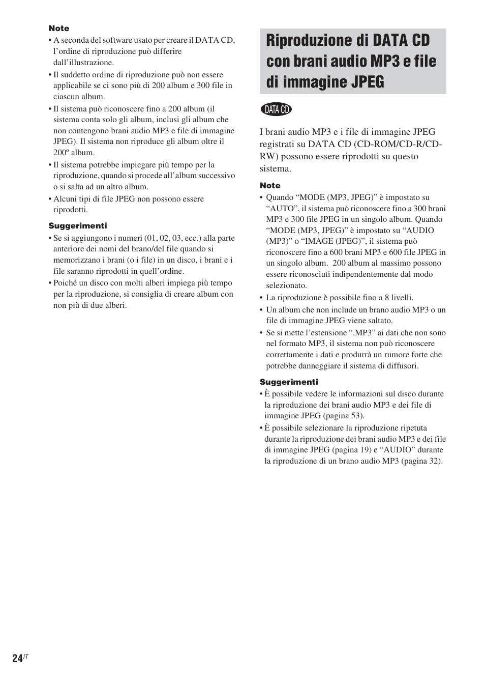 Riproduzione di data cd con brani, Audio mp3 e file di immagine jpeg | Sony CMT-WS2D User Manual | Page 188 / 244