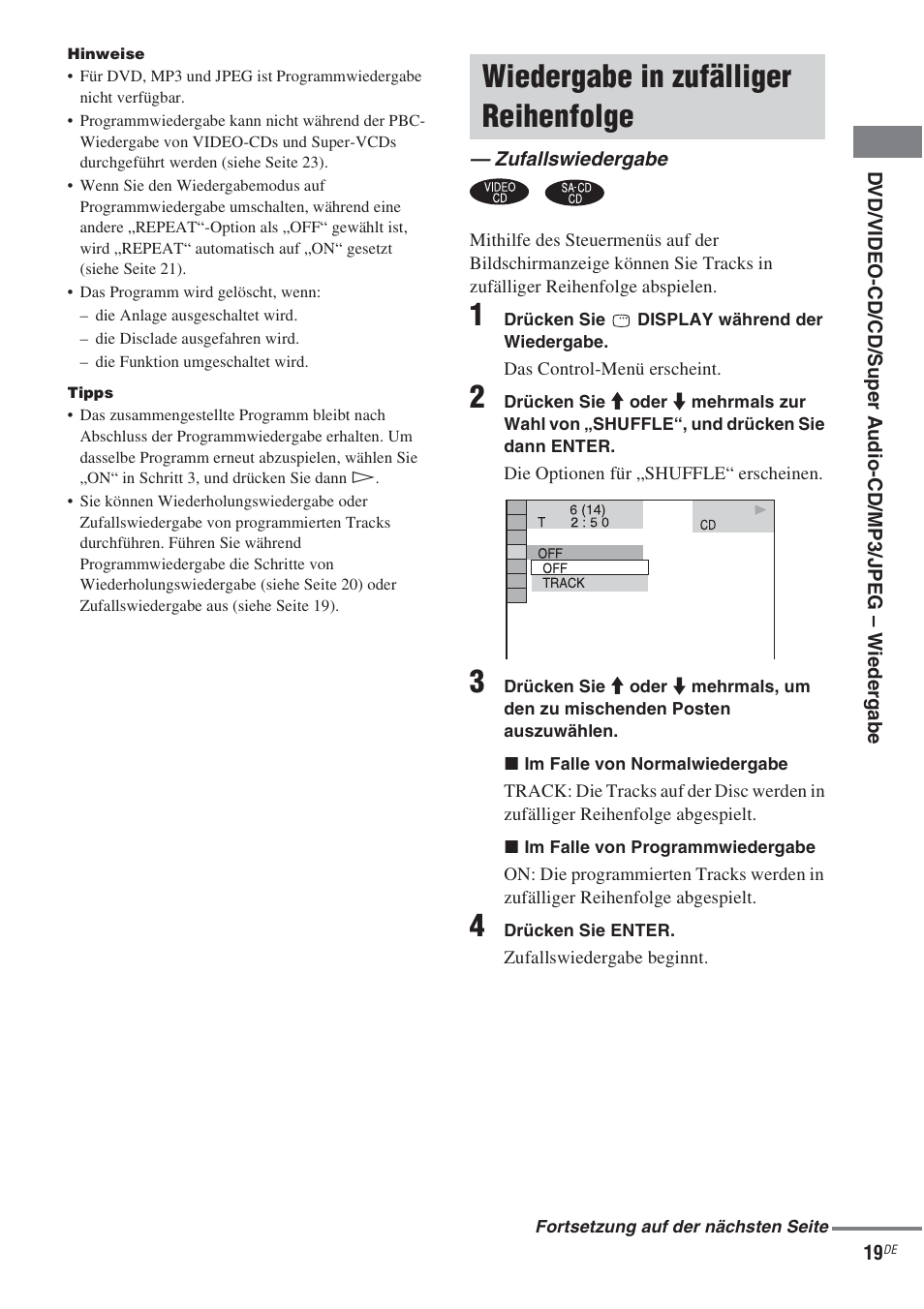 Wiedergabe in zufälliger reihenfolge, Zufallswiedergabe, Wiedergabe in zufälliger | Reihenfolge — zufallswiedergabe | Sony CMT-WS2D User Manual | Page 19 / 244