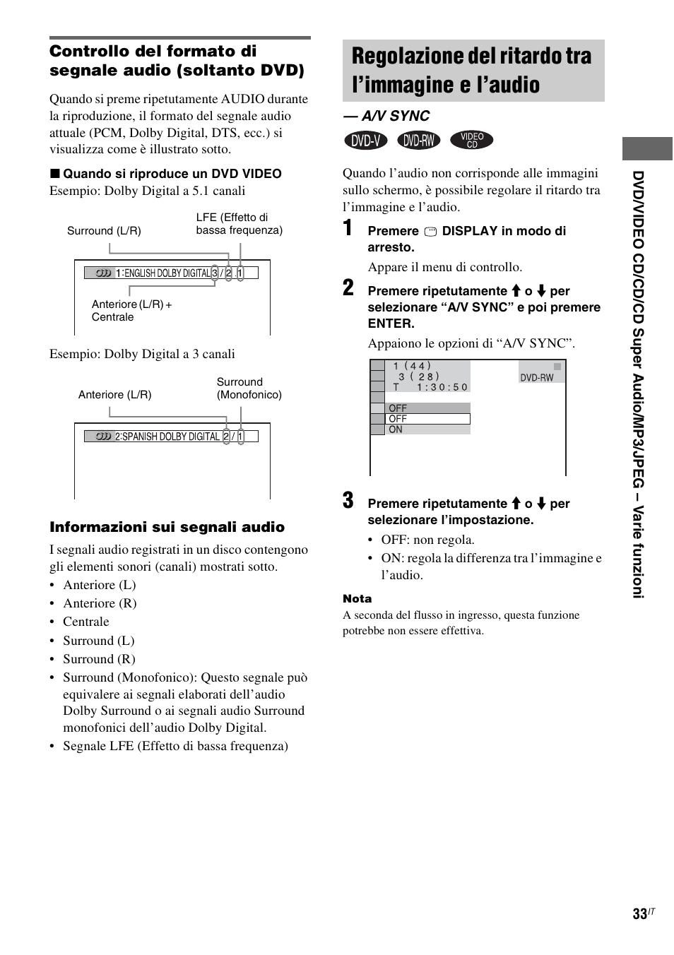 Regolazione del ritardo tra l’immagine e l’audio, A/v sync, Regolazione del ritardo tra l’immagine e | L’audio — a/v sync | Sony CMT-WS2D User Manual | Page 197 / 244