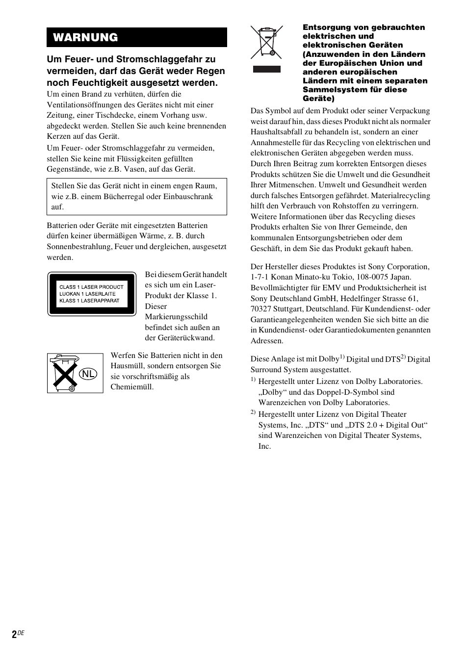 Warnung | Sony CMT-WS2D User Manual | Page 2 / 244