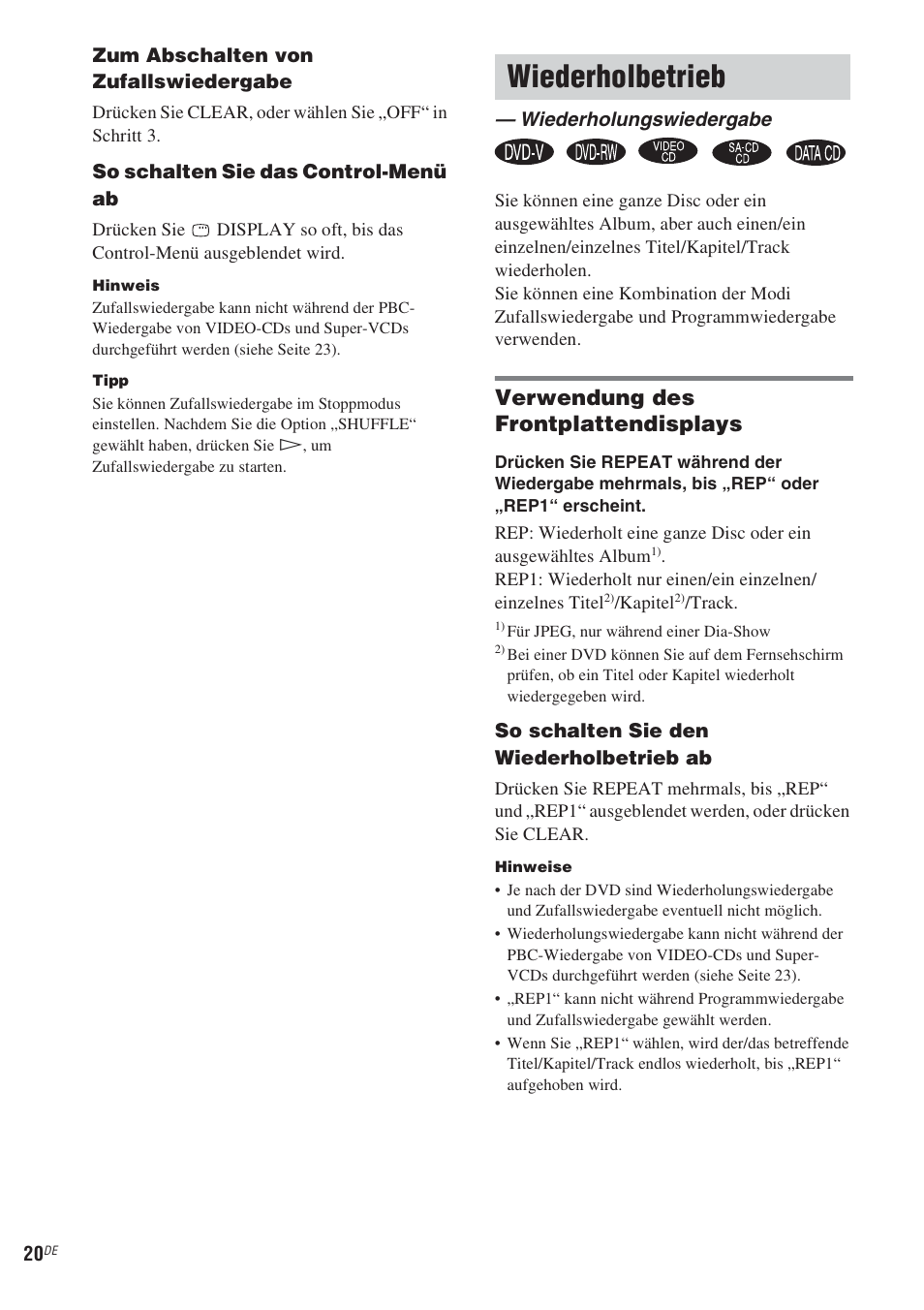 Wiederholbetrieb, Wiederholungswiedergabe, Siehe seite 20) ode | Verwendung des frontplattendisplays | Sony CMT-WS2D User Manual | Page 20 / 244