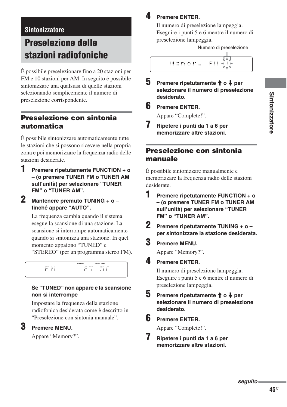 Sintonizzatore, Preselezione delle stazioni radiofoniche, Preselezione delle stazioni | Radiofoniche | Sony CMT-WS2D User Manual | Page 209 / 244