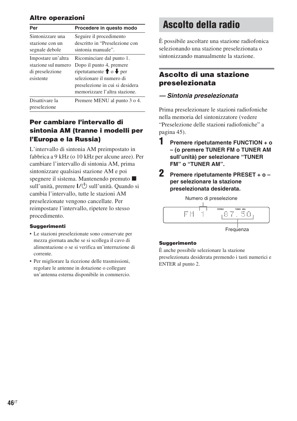 Ascolto della radio, Sintonia preselezionata, Ascolto di una stazione preselezionata | Sony CMT-WS2D User Manual | Page 210 / 244