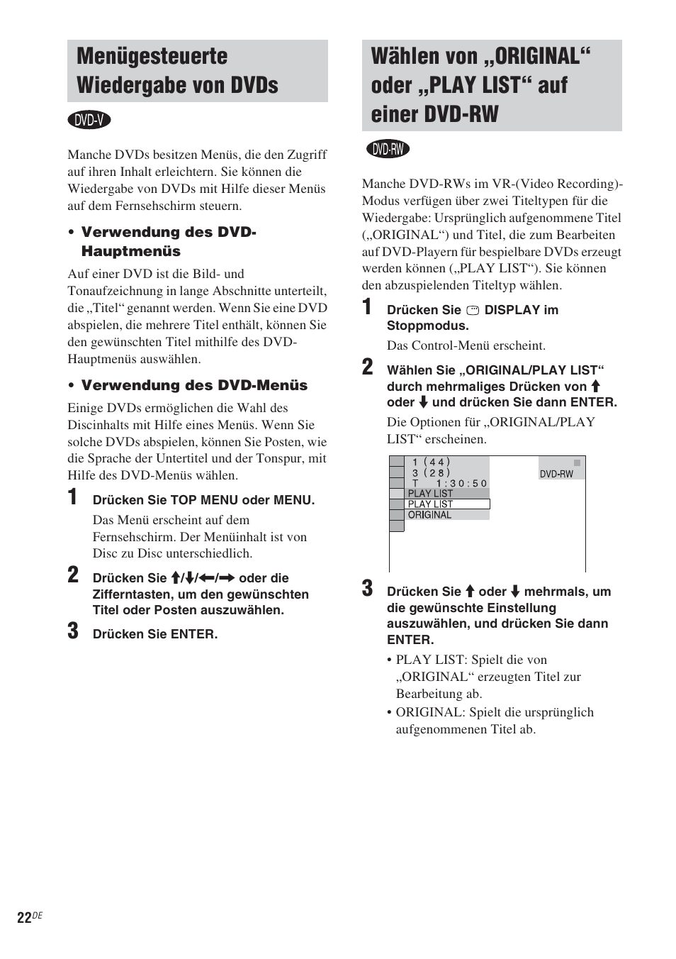Menügesteuerte wiedergabe von dvds, Menügesteuerte wiedergabe von, Dvds | Wählen von „original“ oder „play, List“ auf einer dvd-rw | Sony CMT-WS2D User Manual | Page 22 / 244