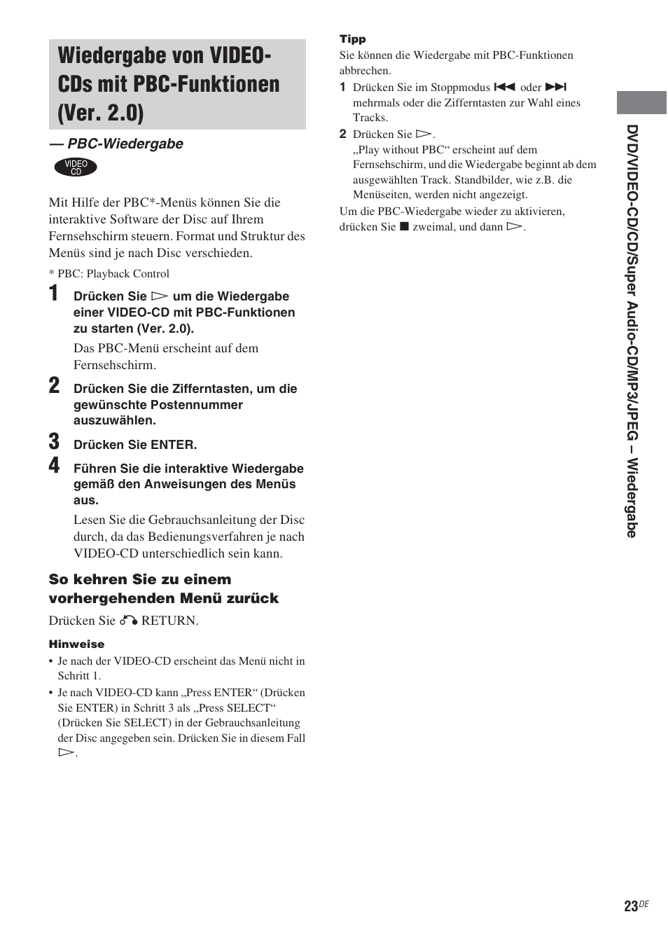 Pbc-wiedergabe, Wiedergabe von video-cds mit, Pbc-funktionen (ver. 2.0) — pbc-wiedergabe | Siehe seite 23) | Sony CMT-WS2D User Manual | Page 23 / 244