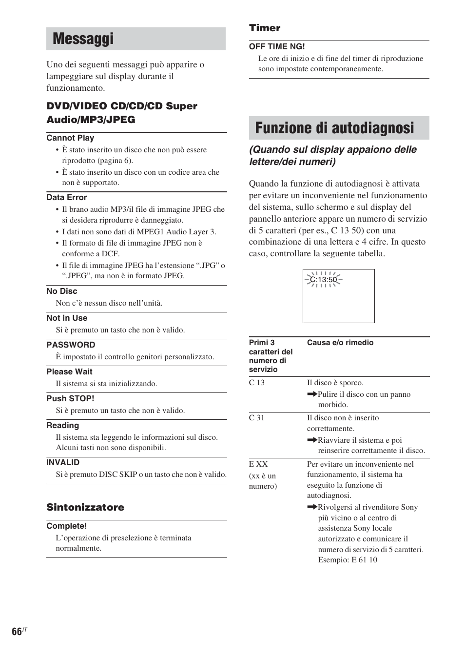 Messaggi, Funzione di autodiagnosi, Messaggi funzione di autodiagnosi | Sony CMT-WS2D User Manual | Page 230 / 244