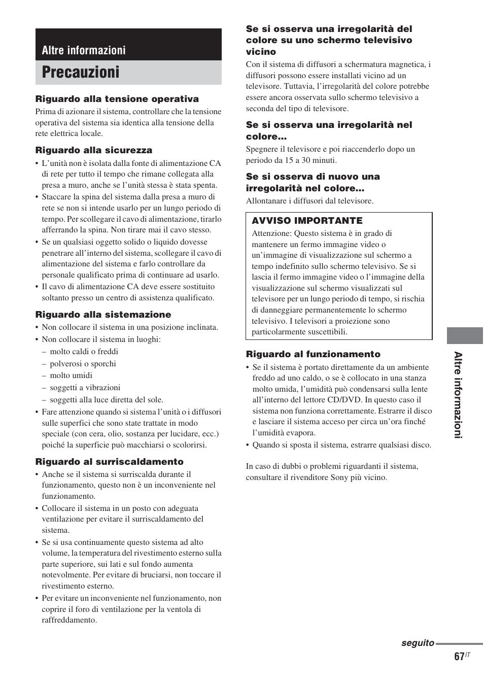 Altre informazioni, Precauzioni | Sony CMT-WS2D User Manual | Page 231 / 244