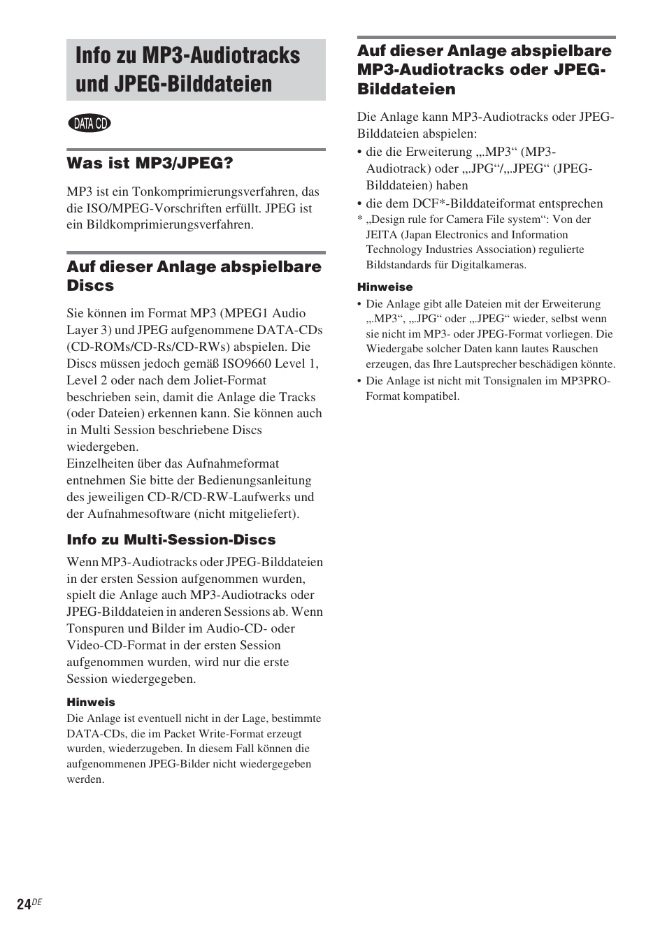Info zu mp3-audiotracks und jpeg-bilddateien, Info zu mp3-audiotracks und, Jpeg-bilddateien | Was ist mp3/jpeg, Auf dieser anlage abspielbare discs | Sony CMT-WS2D User Manual | Page 24 / 244