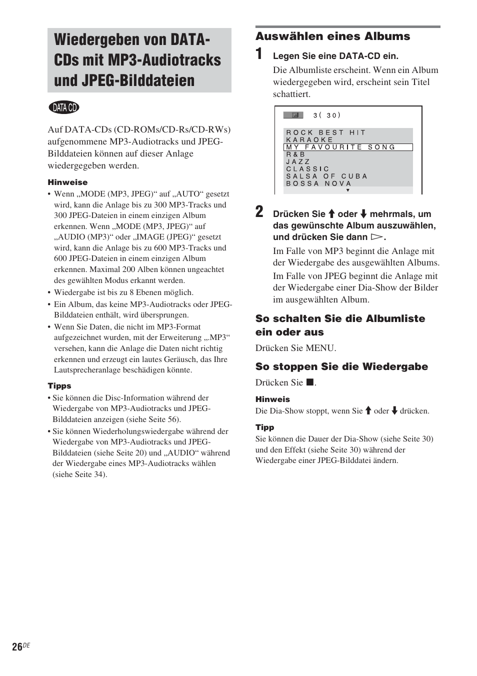 Wiedergeben von data-cds mit, Mp3-audiotracks und jpeg-bilddateien, Auswählen eines albums | Sony CMT-WS2D User Manual | Page 26 / 244