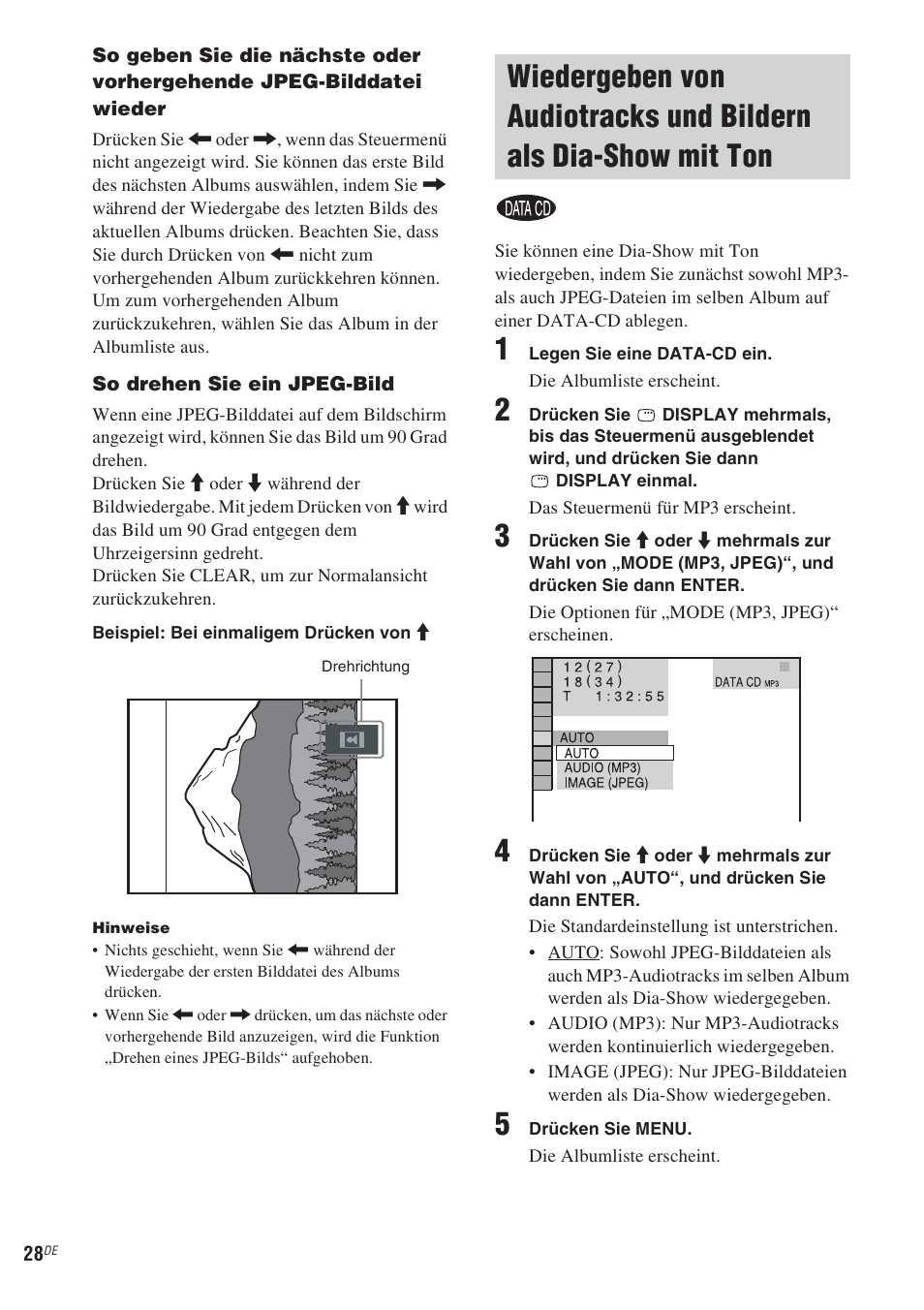 Wiedergeben von audiotracks und, Bildern als dia-show mit ton | Sony CMT-WS2D User Manual | Page 28 / 244