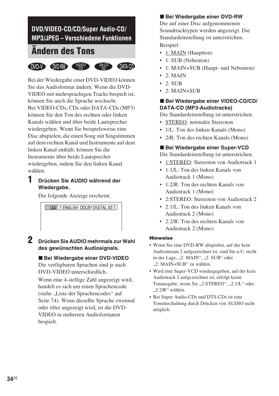 Ändern des tons, Siehe seite 34) | Sony CMT-WS2D User Manual | Page 34 / 244
