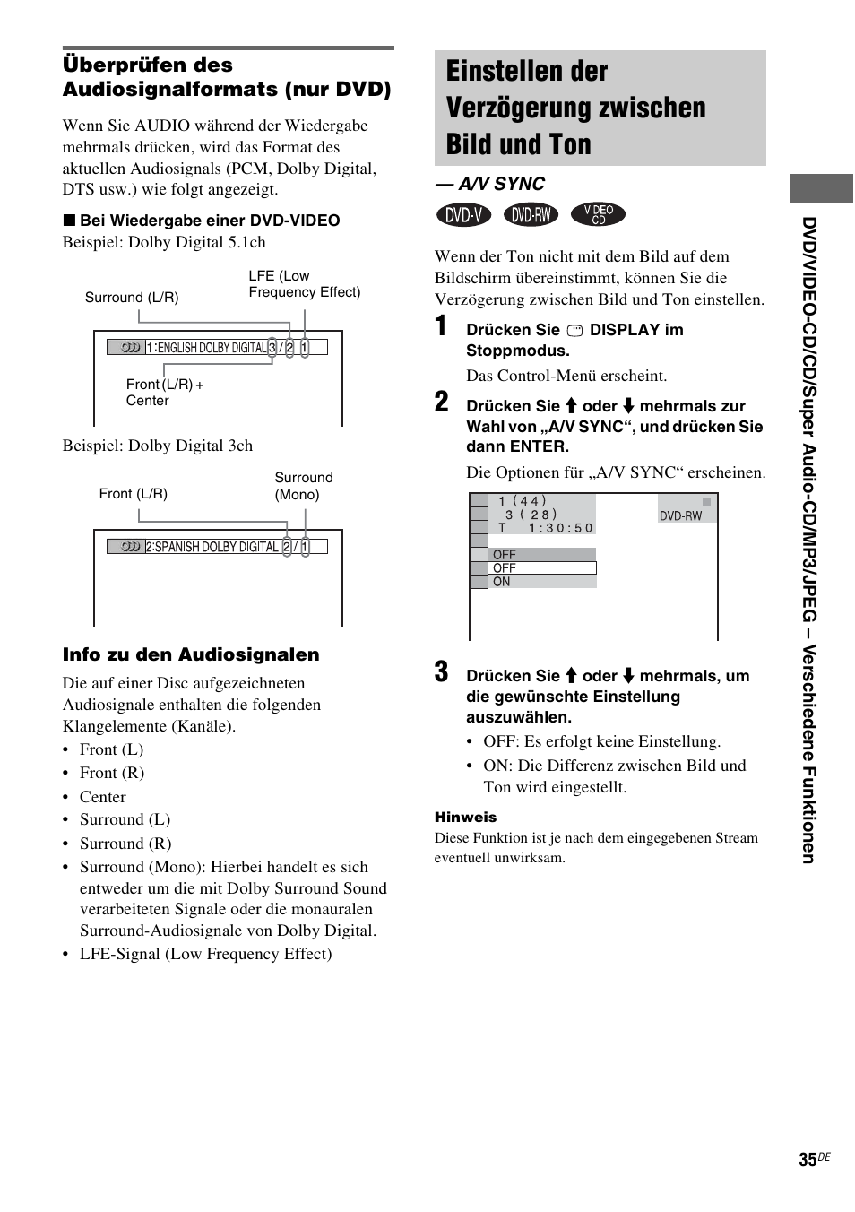 Einstellen der verzögerung zwischen bild und ton, A/v sync, Einstellen der verzögerung zwischen bild | Und ton — a/v sync | Sony CMT-WS2D User Manual | Page 35 / 244