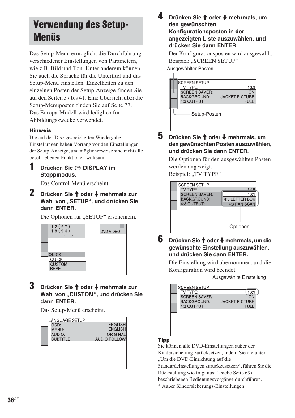 Verwendung des setup- menüs, Verwendung des setup-menüs | Sony CMT-WS2D User Manual | Page 36 / 244
