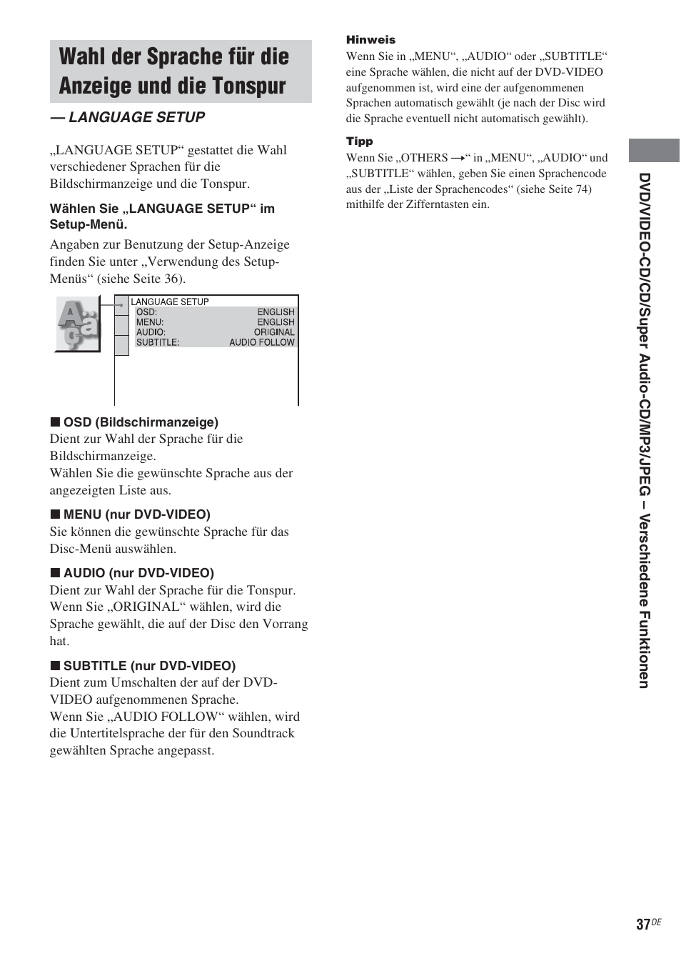 Wahl der sprache für die anzeige und die tonspur, Language setup, Wahl der sprache für die anzeige und die | Tonspur — language setup, E“ (siehe seite 37), N 37 bi | Sony CMT-WS2D User Manual | Page 37 / 244