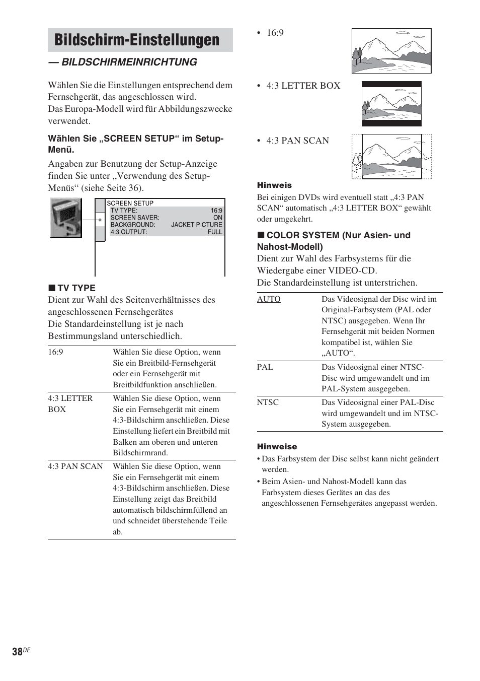 Bildschirm-einstellungen, Bildschirmeinrichtung, Siehe seite 38) | Sony CMT-WS2D User Manual | Page 38 / 244