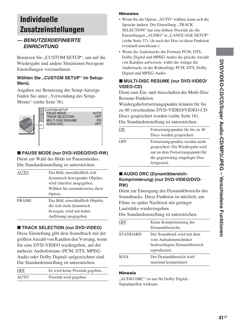 Individuelle zusatzeinstellungen, Benutzerdefinierte einrichtung, S 41 | Sony CMT-WS2D User Manual | Page 41 / 244