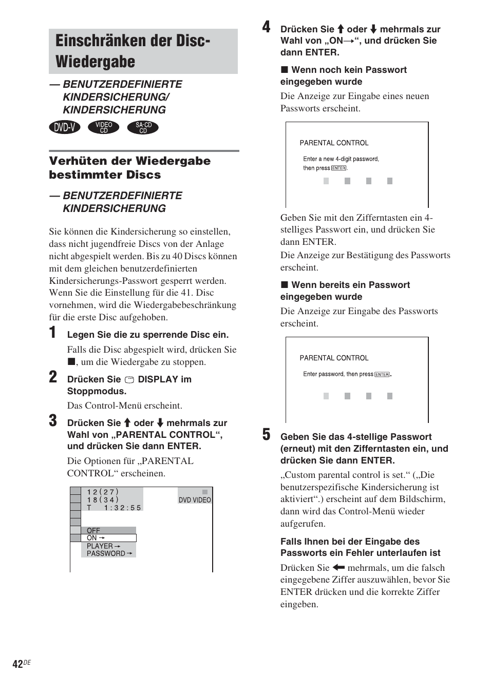 Einschränken der disc- wiedergabe, Einschränken der disc-wiedergabe | Sony CMT-WS2D User Manual | Page 42 / 244
