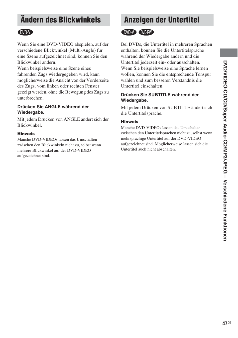 Ändern des blickwinkels, Anzeigen der untertitel, Ändern des blickwinkels anzeigen der untertitel | Sony CMT-WS2D User Manual | Page 47 / 244