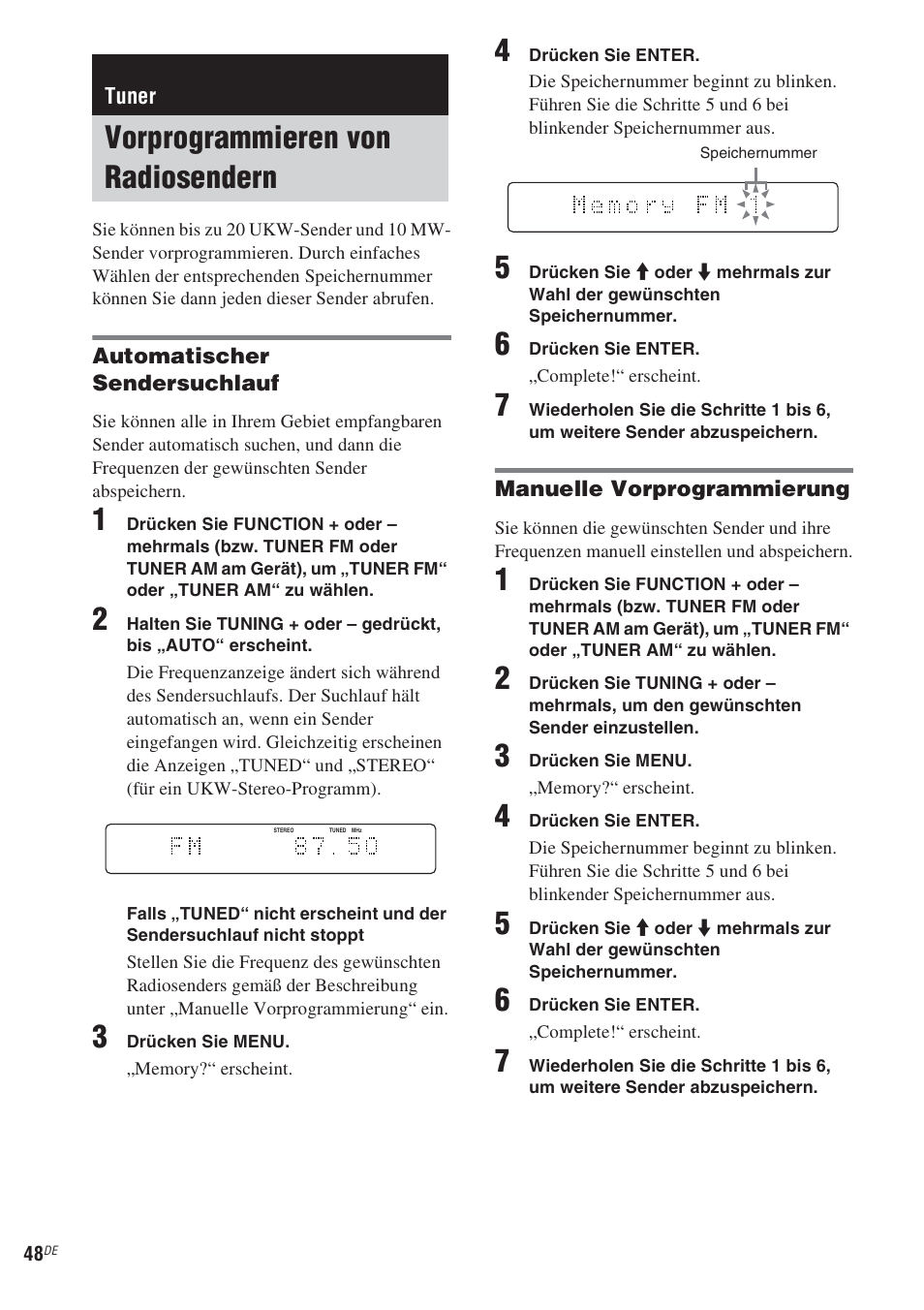 Tuner, Vorprogrammieren von radiosendern, Vorprogrammieren von | Radiosendern | Sony CMT-WS2D User Manual | Page 48 / 244