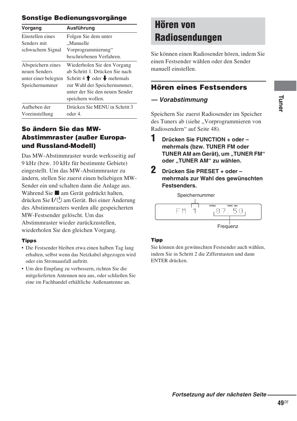 Hören von radiosendungen, Vorabstimmung, Hören eines festsenders | Sony CMT-WS2D User Manual | Page 49 / 244