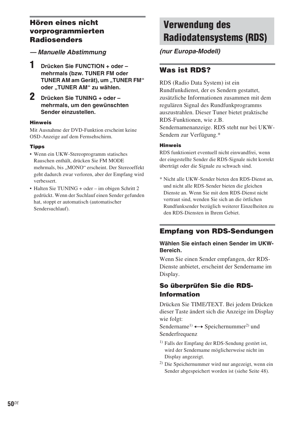 Manuelle abstimmung, Verwendung des radiodatensystems (rds), Nur europa-modell) | Verwendung des radiodatensystems, Rds) (nur europa-modell), Hören eines nicht vorprogrammierten radiosenders, Was ist rds, Empfang von rds-sendungen | Sony CMT-WS2D User Manual | Page 50 / 244