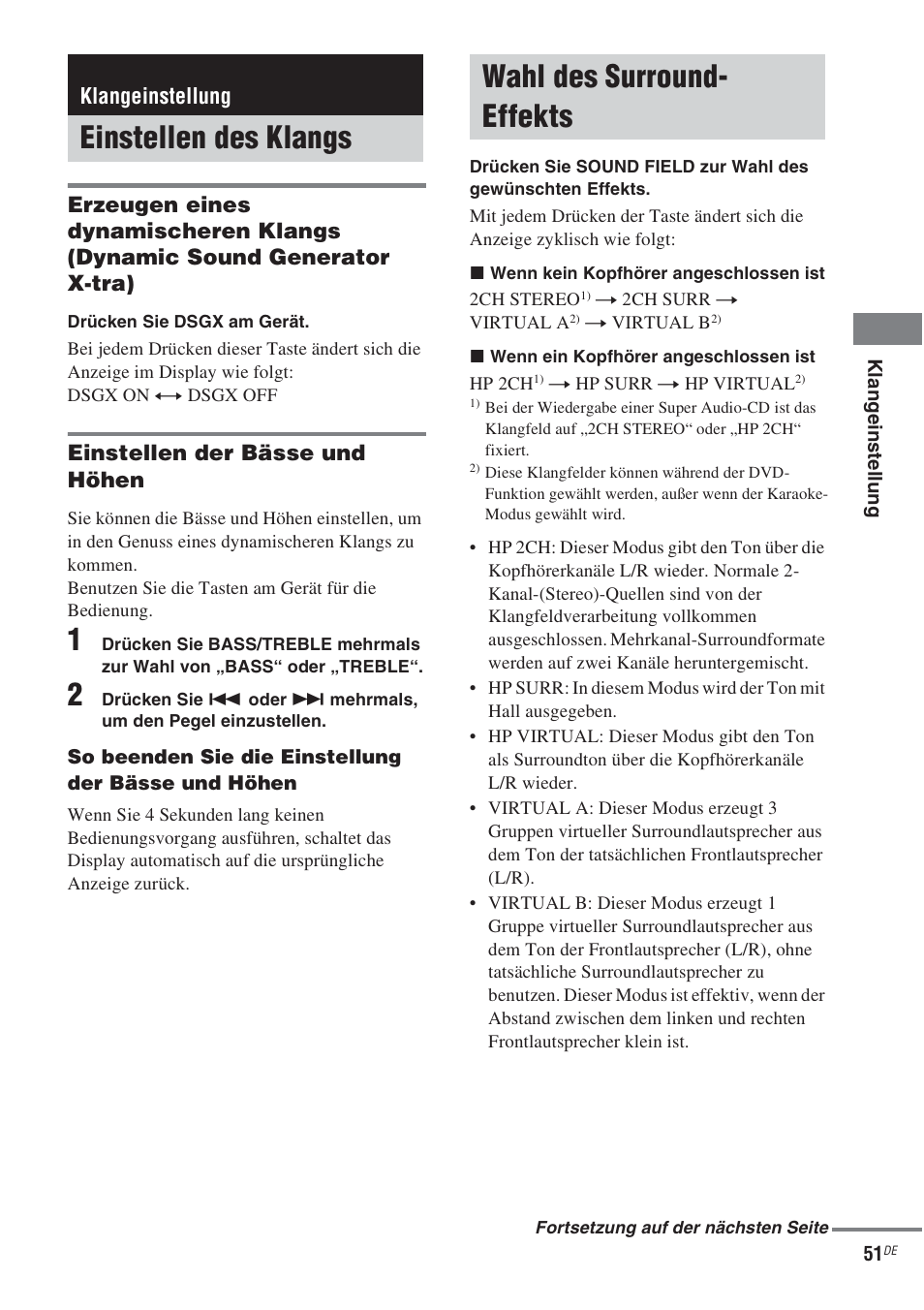 Klangeinstellung, Einstellen des klangs, Wahl des surround- effekts | Einstellen des klangs wahl des surround-effekts, Einstellen des klangs wahl des surround- effekts | Sony CMT-WS2D User Manual | Page 51 / 244