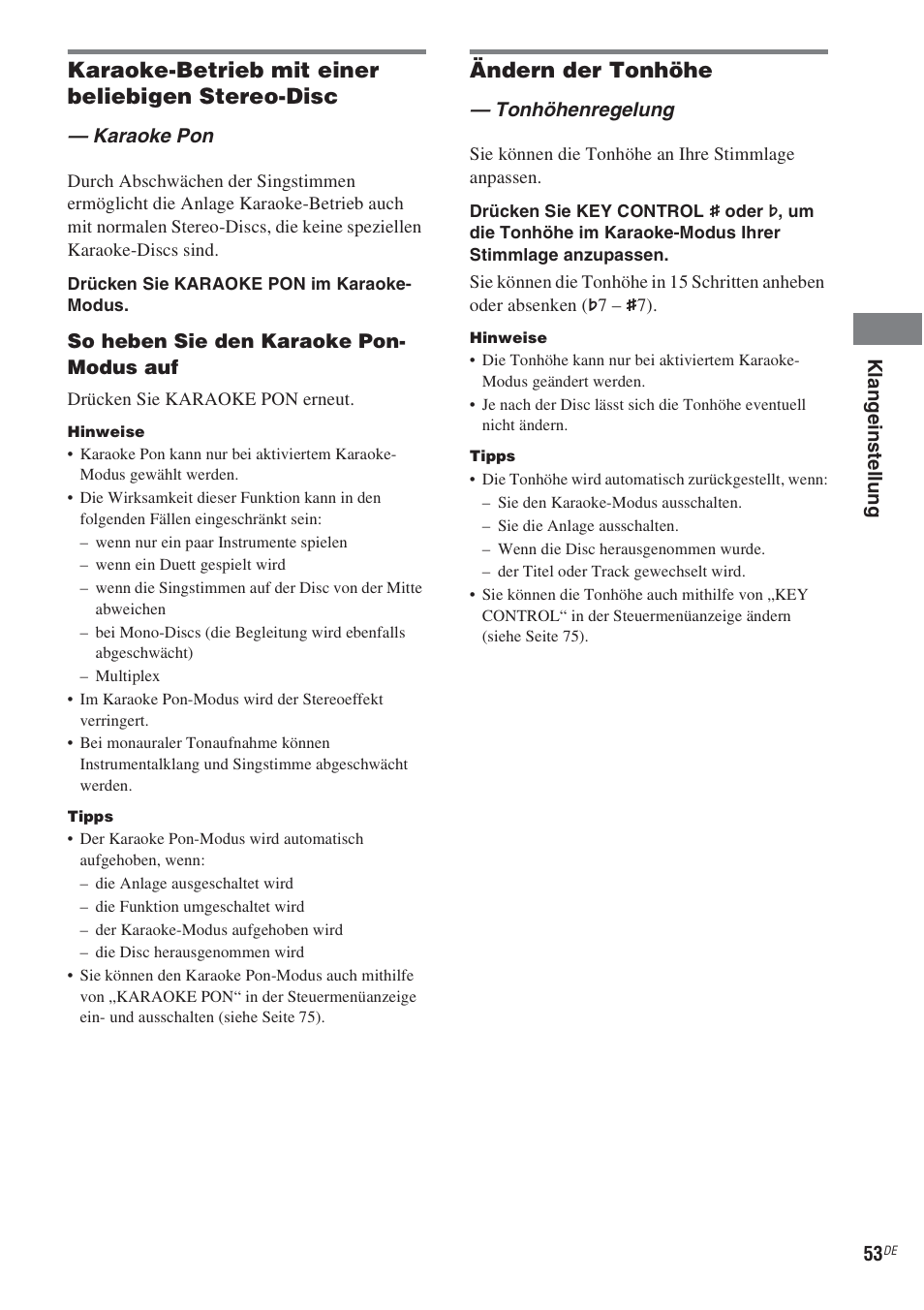 Karaoke-betrieb mit einer beliebigen stereo-disc, Ändern der tonhöhe | Sony CMT-WS2D User Manual | Page 53 / 244