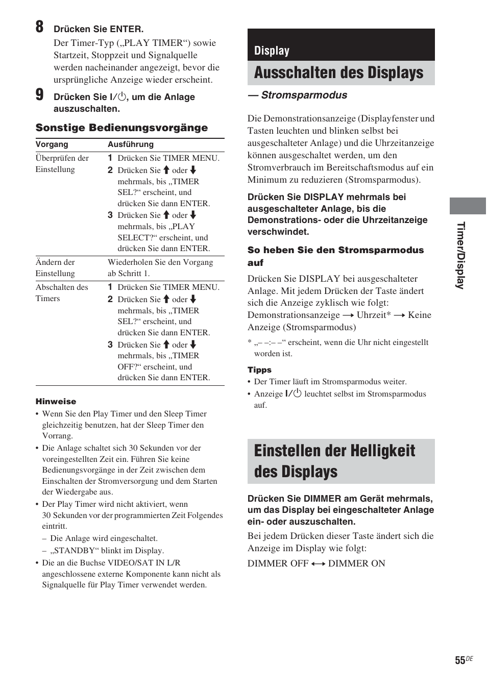 Display, Ausschalten des displays, Stromsparmodus | Einstellen der helligkeit des displays, Einstellen der helligkeit des, Displays | Sony CMT-WS2D User Manual | Page 55 / 244