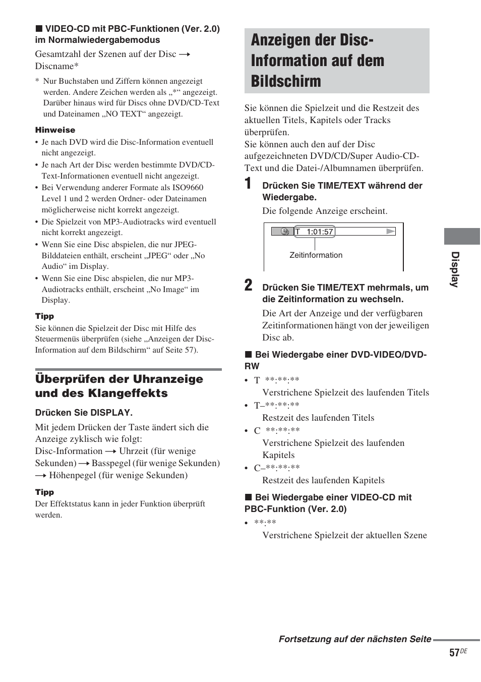 Anzeigen der disc- information auf dem bildschirm, Anzeigen der disc-information auf dem, Bildschirm | Überprüfen der uhranzeige und des klangeffekts | Sony CMT-WS2D User Manual | Page 57 / 244