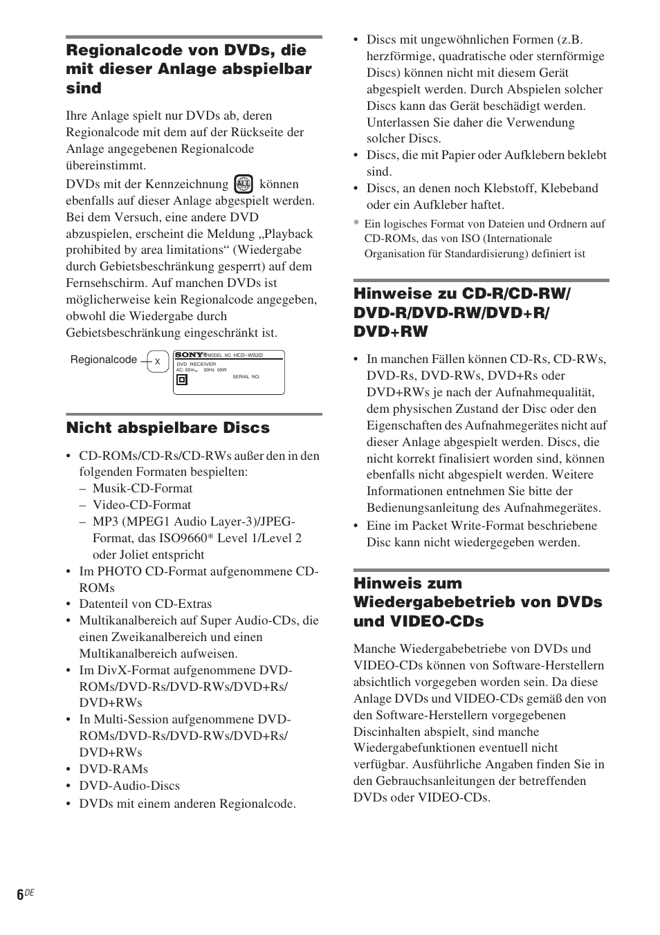 Nicht abspielbare discs, Hinweise zu cd-r/cd-rw/ dvd-r/dvd-rw/dvd+r/ dvd+rw | Sony CMT-WS2D User Manual | Page 6 / 244