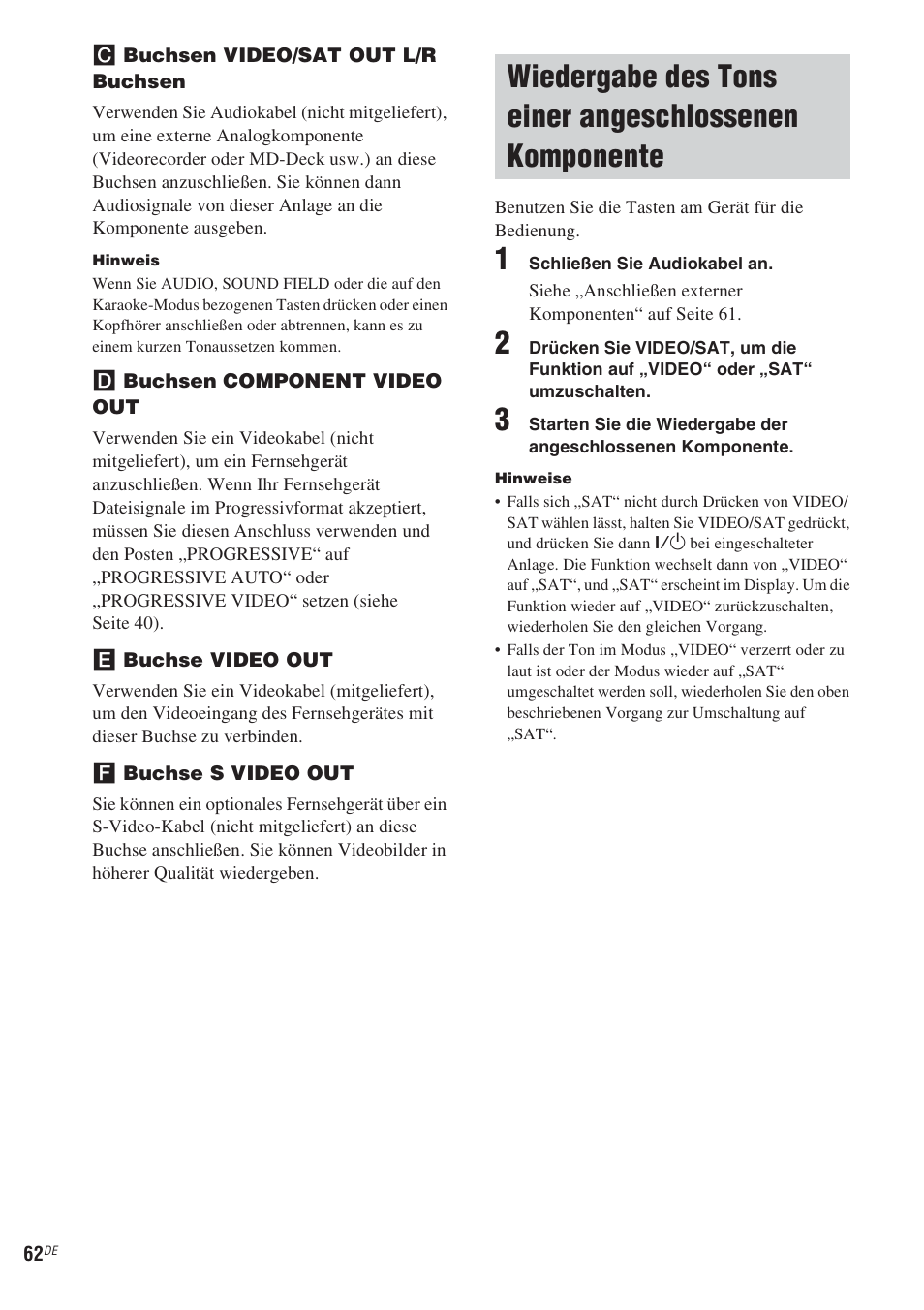 Wiedergabe des tons einer, Angeschlossenen komponente | Sony CMT-WS2D User Manual | Page 62 / 244