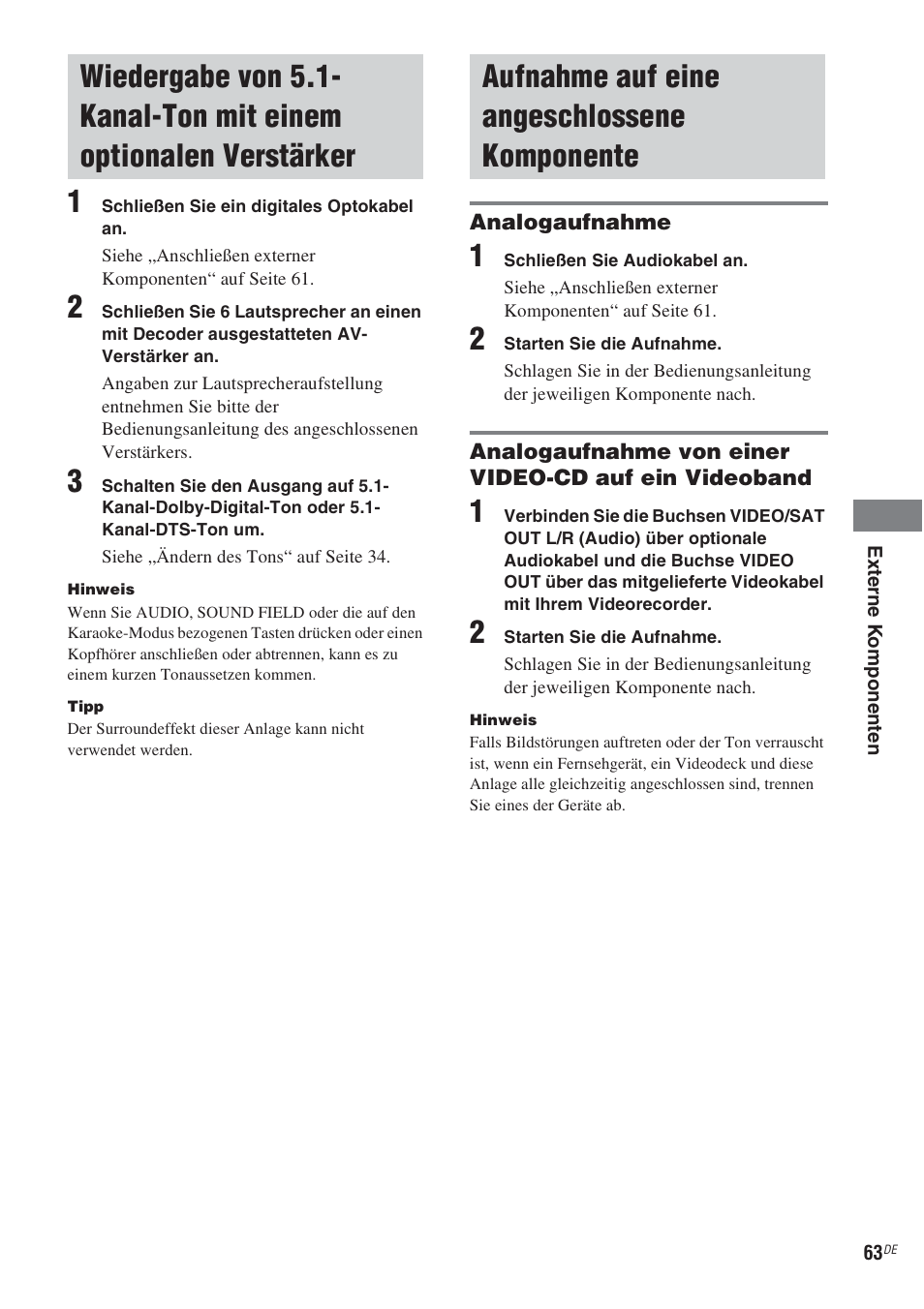 Aufnahme auf eine angeschlossene komponente, Wiedergabe von 5.1-kanal-ton mit einem, Optionalen verstärker | Aufnahme auf eine angeschlossene, Komponente | Sony CMT-WS2D User Manual | Page 63 / 244