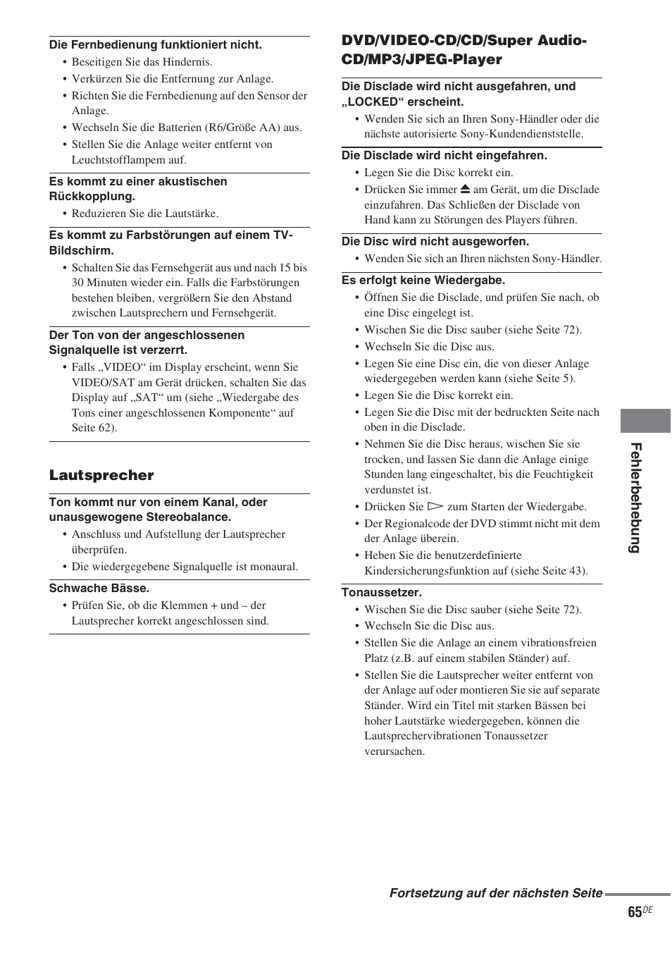 Fehl erbeh eb ung 65, Lautsprecher, Dvd/video-cd/cd/super audio- cd/mp3/jpeg-player | Sony CMT-WS2D User Manual | Page 65 / 244