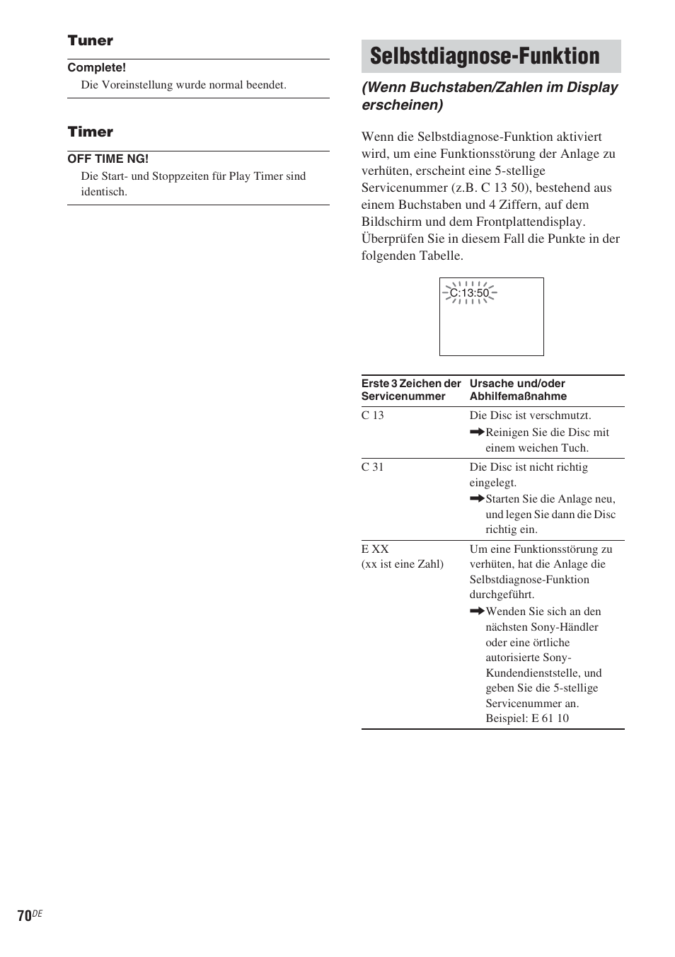 Selbstdiagnose-funktion, Wenn buchstaben/zahlen im display erscheinen) | Sony CMT-WS2D User Manual | Page 70 / 244