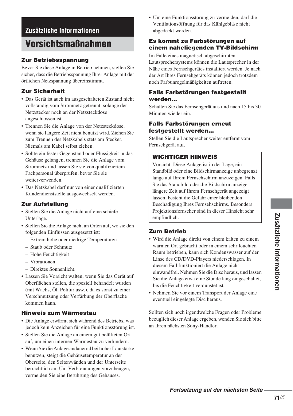 Zusätzliche informationen, Vorsichtsmaßnahmen | Sony CMT-WS2D User Manual | Page 71 / 244