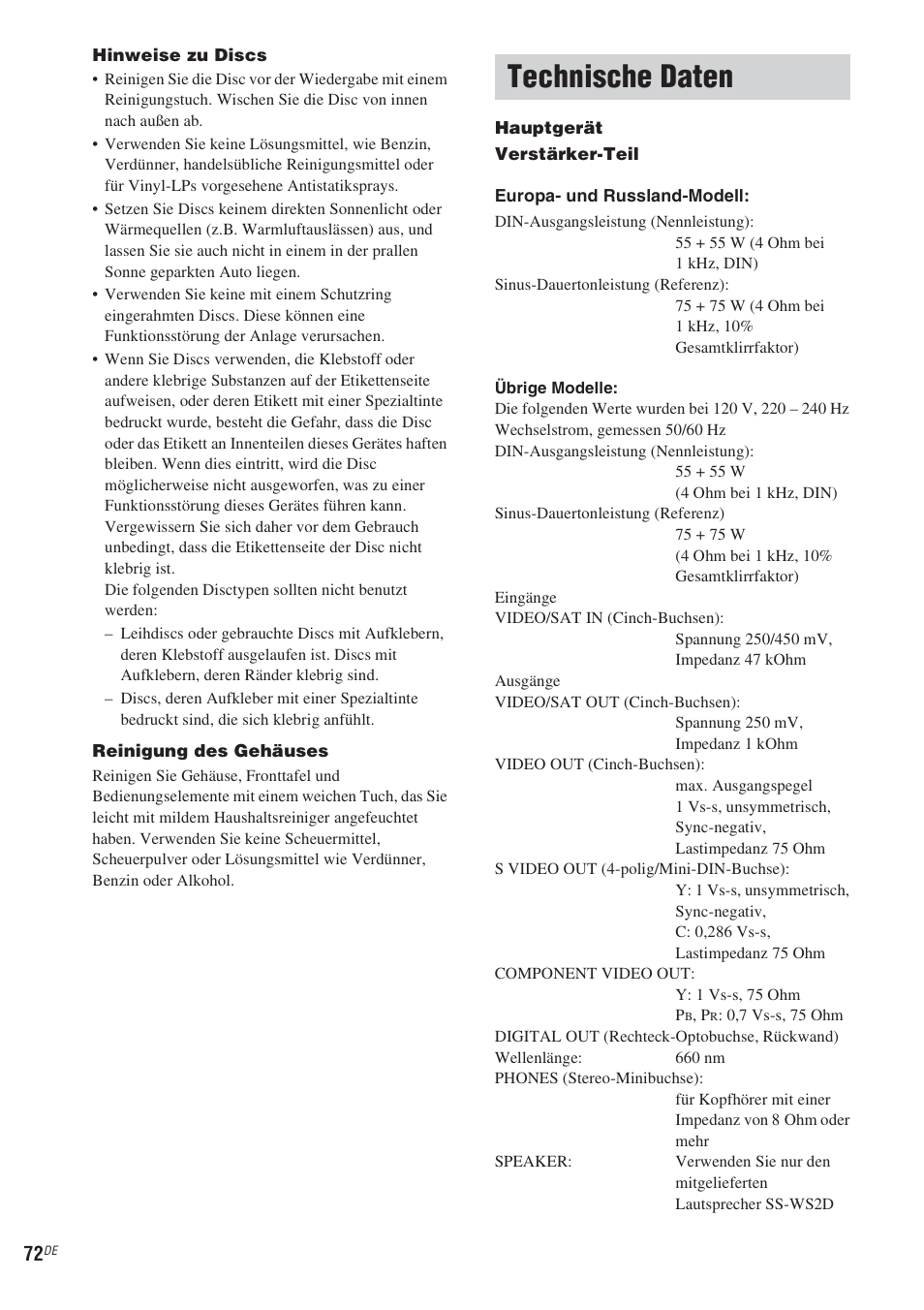 Technische daten, Siehe seite 72) | Sony CMT-WS2D User Manual | Page 72 / 244