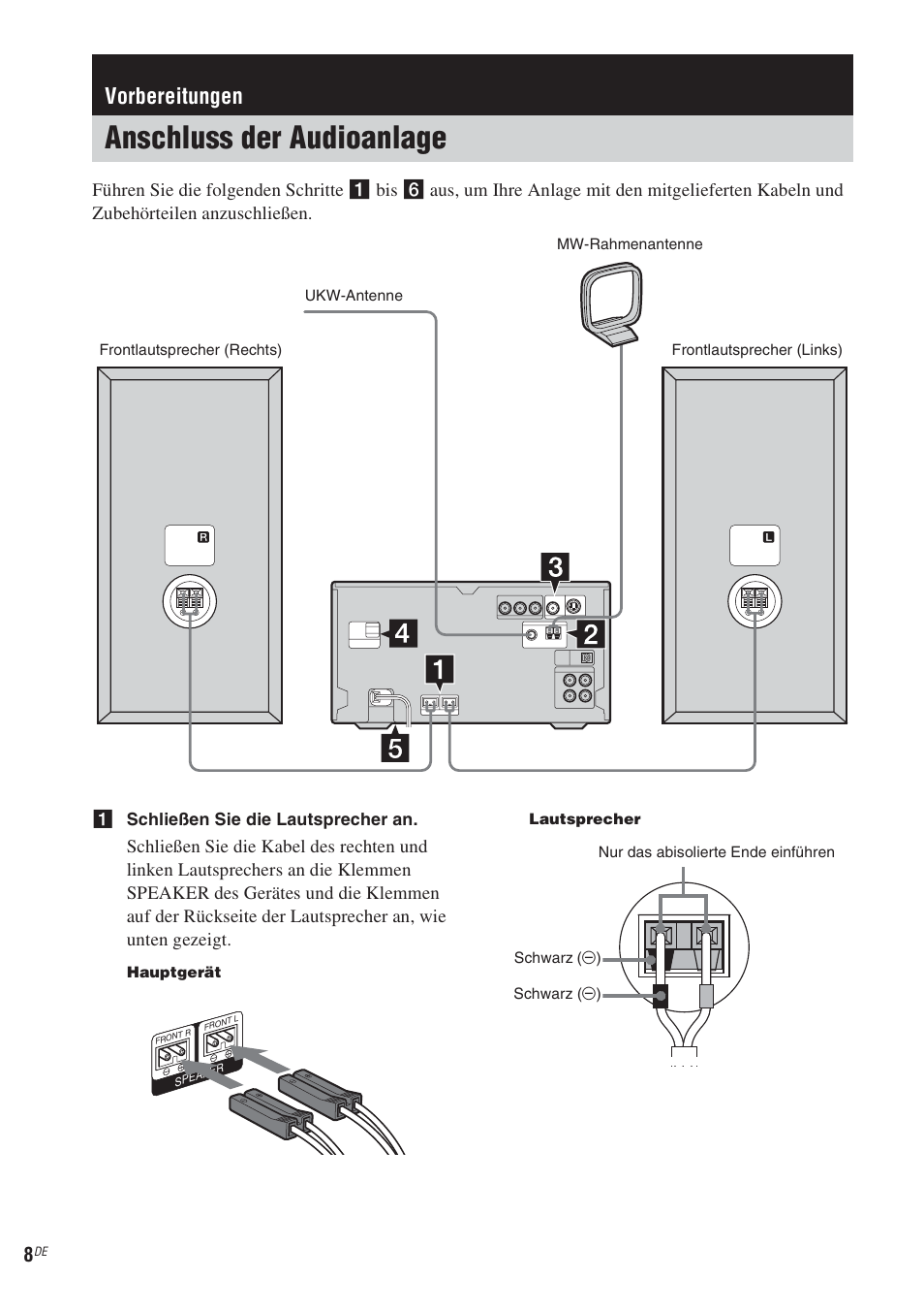 Vorbereitungen, Anschluss der audioanlage | Sony CMT-WS2D User Manual | Page 8 / 244