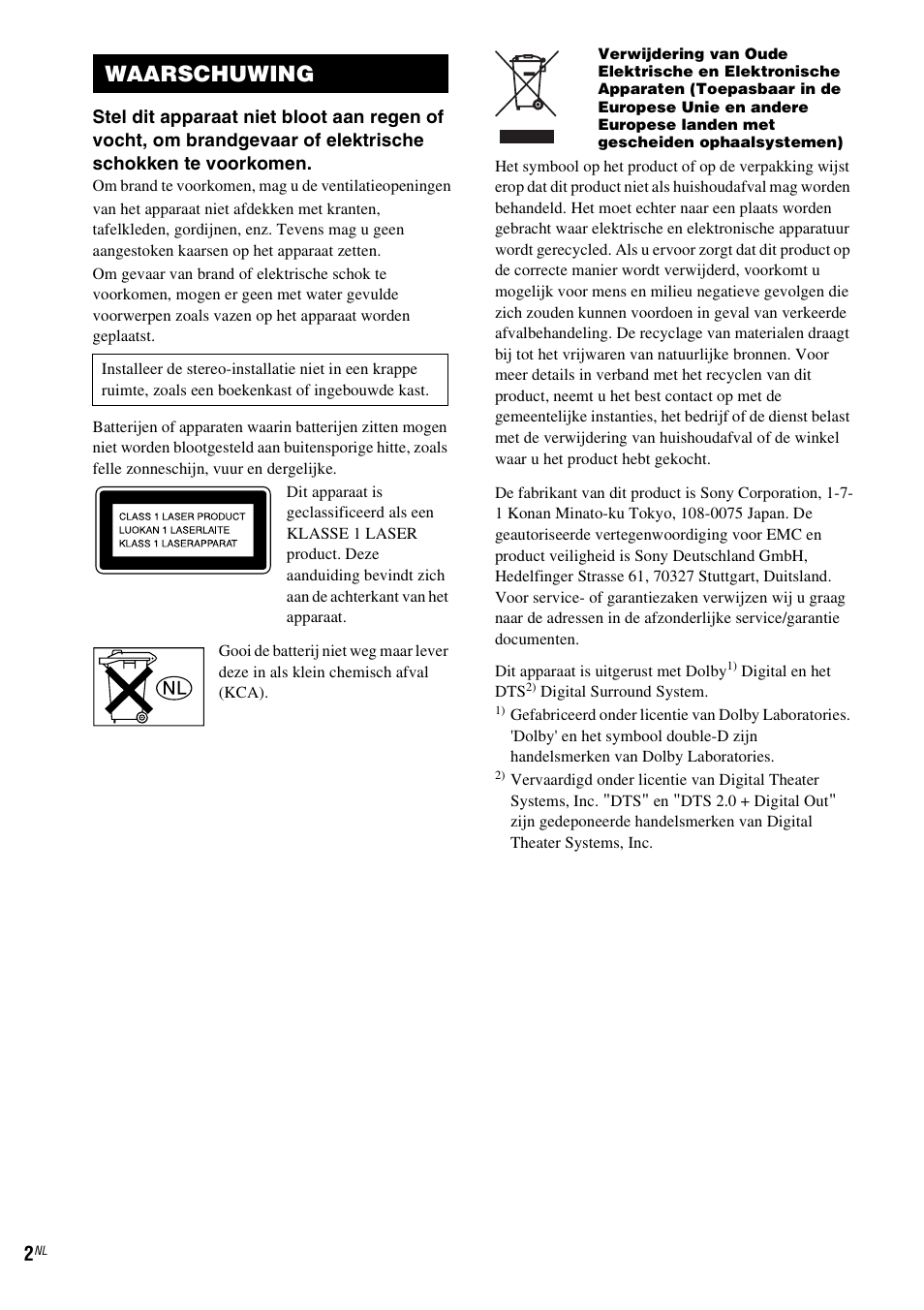 Waarschuwing | Sony CMT-WS2D User Manual | Page 84 / 244