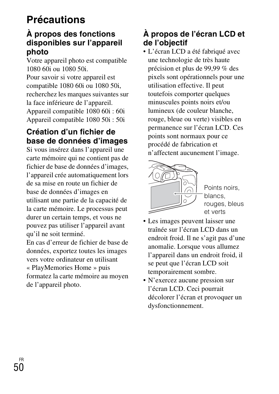 Précautions, 50 précautions | Sony ILCE-3000 User Manual | Page 104 / 579