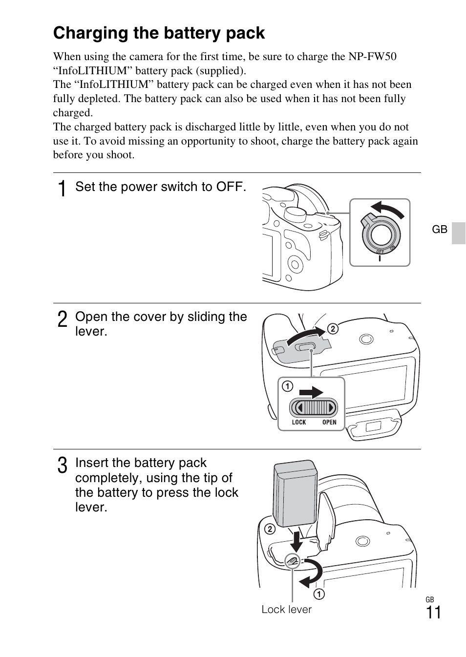 Charging the battery pack | Sony ILCE-3000 User Manual | Page 11 / 579