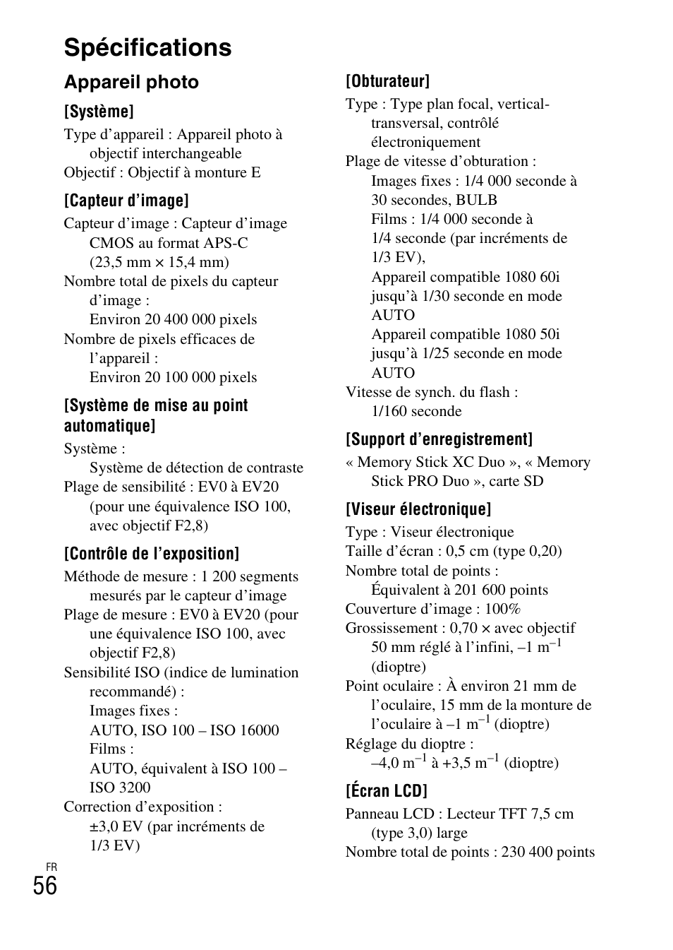 Spécifications, 56 spécifications, Appareil photo | Sony ILCE-3000 User Manual | Page 110 / 579