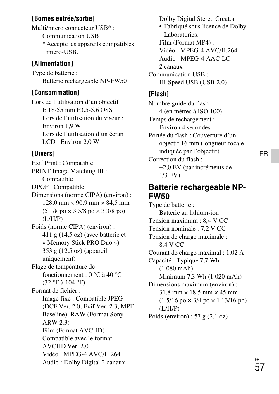 Batterie rechargeable np- fw50 | Sony ILCE-3000 User Manual | Page 111 / 579