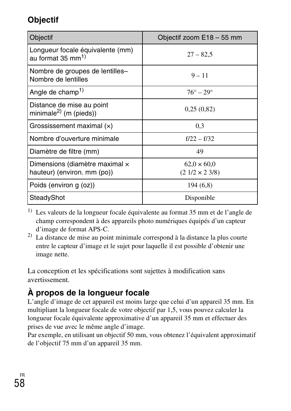 Objectif, À propos de la longueur focale | Sony ILCE-3000 User Manual | Page 112 / 579