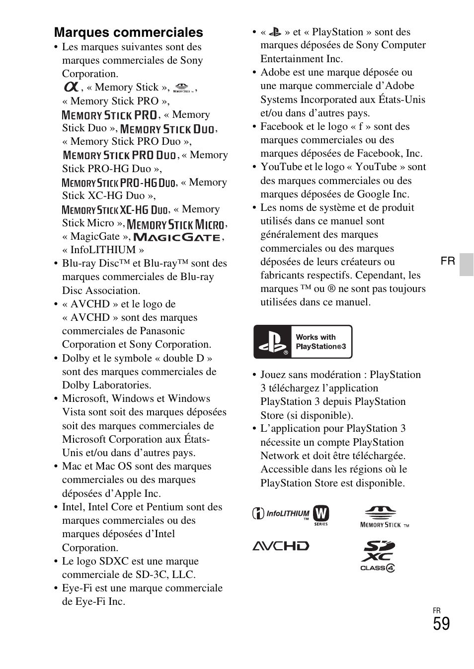 Marques commerciales | Sony ILCE-3000 User Manual | Page 113 / 579